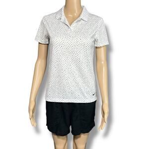 Nike Womens Dri Fit Golf Polo Shirt Top Collared Slim Fit White Black Polka Dot